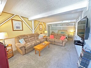 Een televisie, boeken, een filmbibliotheek en een stereo