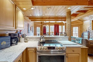 Fridge, microwave, oven, stovetop - Beautiful Cabin in the Woods with Private Hot Tub & Game Room, Close to Skiing (McHenry)