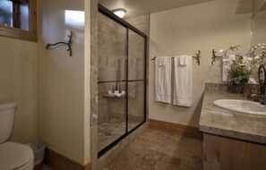 Combined shower/bathtub, hair dryer, towels