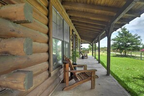 Terrace/patio - On Farm: Rustic Carmine Log Cabin w/ Porch! (Carmine)