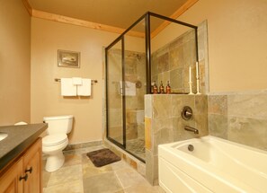 Combined shower/bathtub, hair dryer, towels