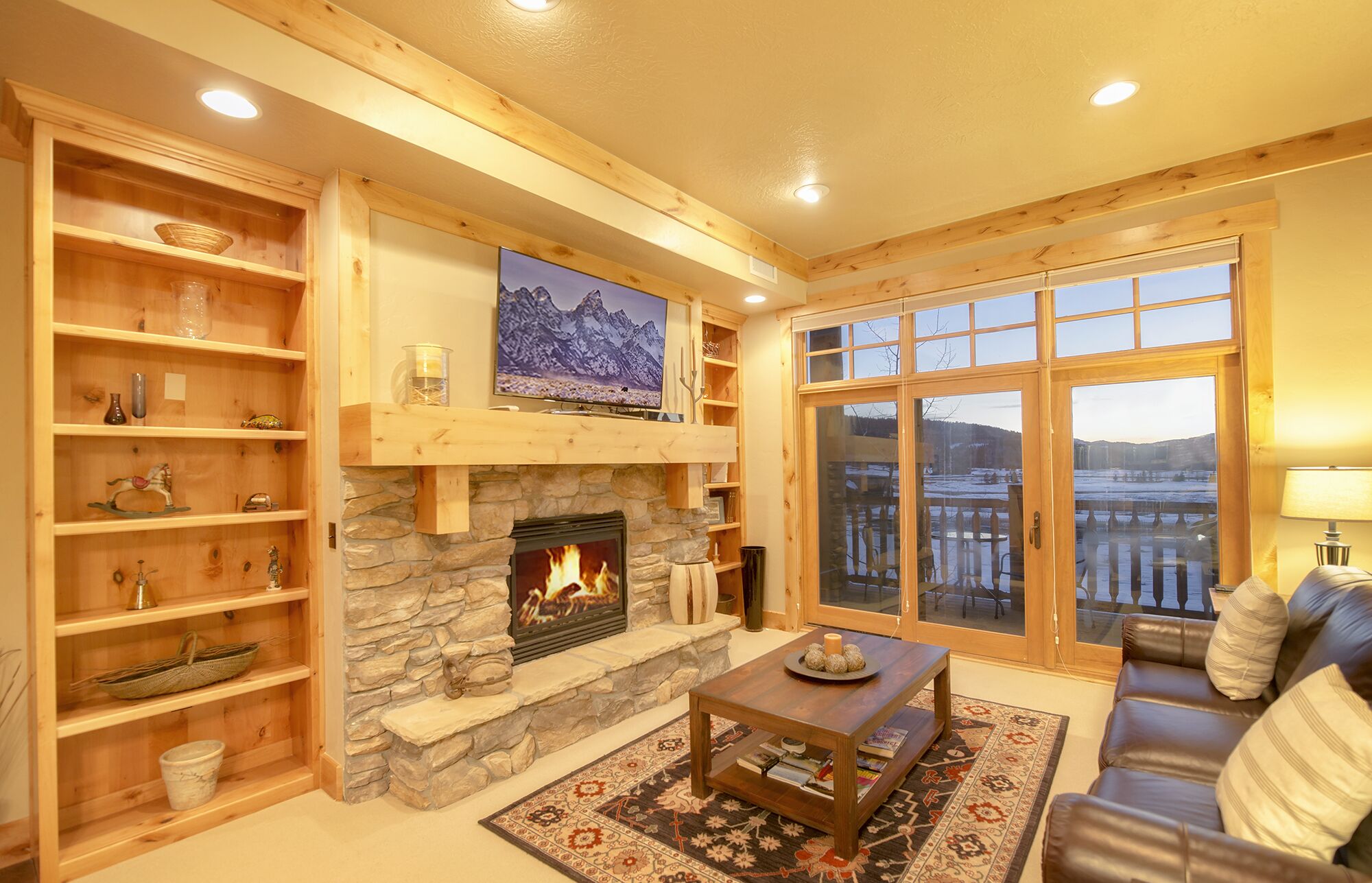 Smart TV, fireplace, books