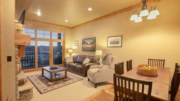 Smart TV, fireplace, books