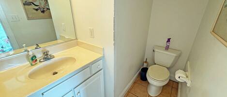 A bathroom with a sink, mirror, toilet, and a trash bin.