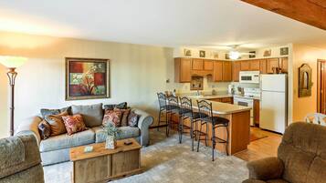 TV, DVD player, video library, stereo