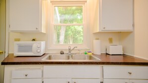 Eine Küche mit einem doppelten Spülbecken, einer Mikrowelle, einem Toaster und einem Fenster mit Blick auf Bäume.