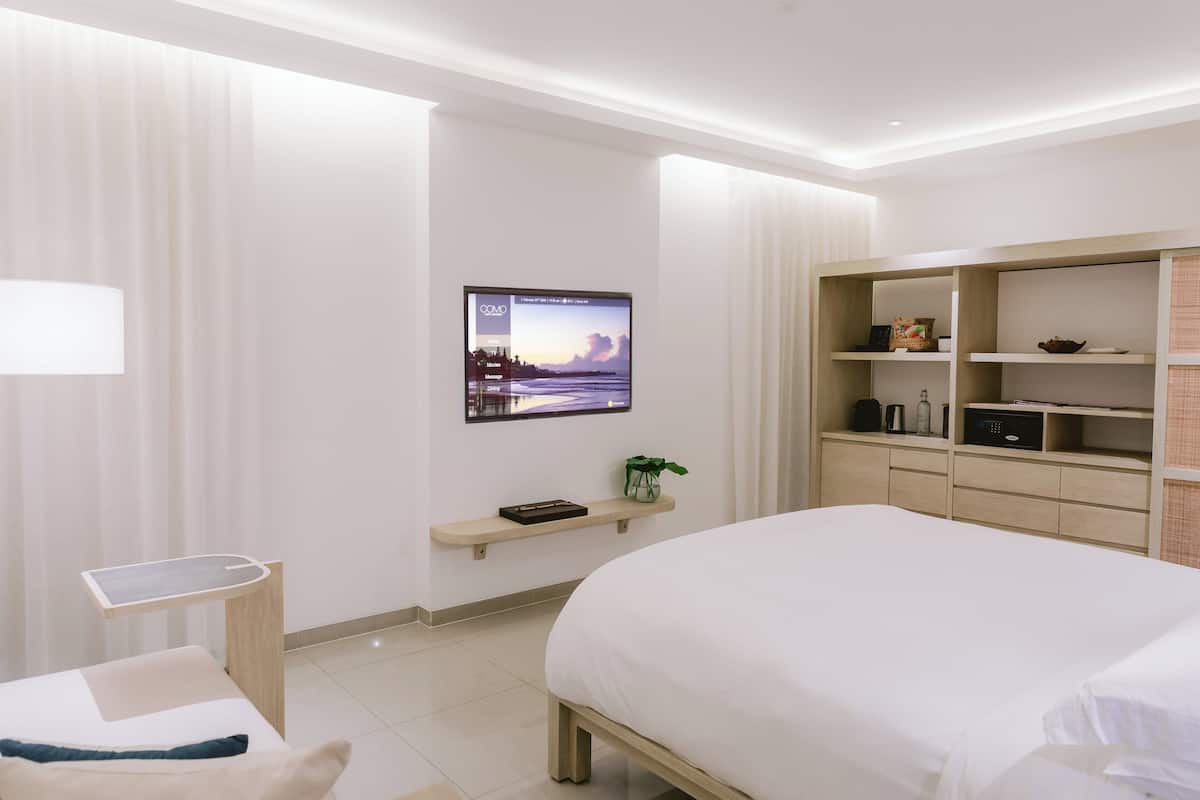 Una habitación de hotel moderna con una cama grande, un televisor montado en la pared, un pequeño estante con una planta y una mesita de noche de madera.