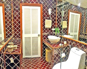 Douche, séchoir à cheveux, serviettes fournies, savon