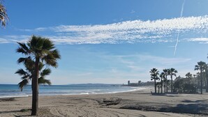 Una playa con huellas, palmeras y cielo despejado.