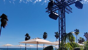 Zona junto a la piscina con sillones de descanso y sombrillas, vista despejada al océano y una palmera.