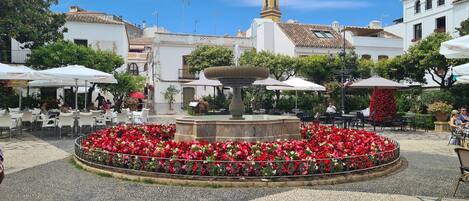 Une place avec une fontaine centrale, entourée de fleurs rouges, de tables et de chaises en plein air, et de bâtiments blancs dotés de balcons.