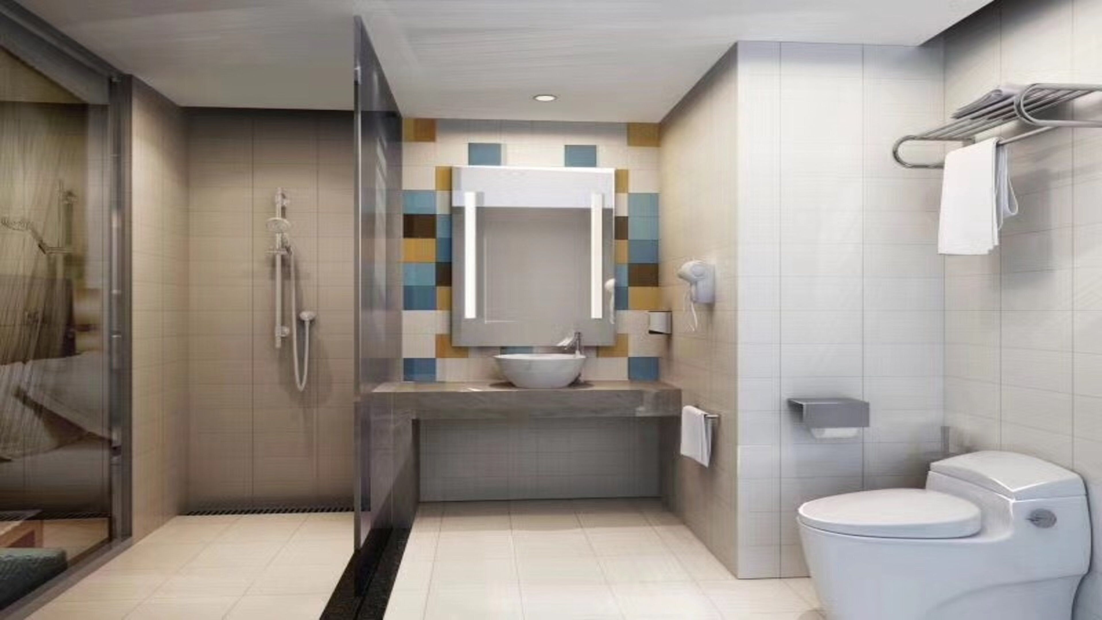 A modern bathroom with a glass shower enclosure, a white sink, and a toilet.