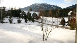 Ett snötäckt landskap med ett berg i bakgrunden och ett hus med ett snötäckt tak.