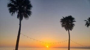 Sonnenuntergang mit Palmen und einer Lichterkette entlang eines Pfades.