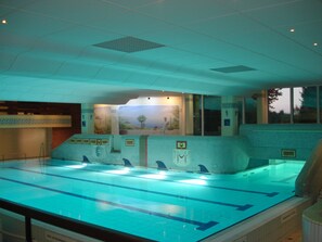 Een zwembad met meerdere banen, een muurschildering en een plafond met inbouwverlichting.