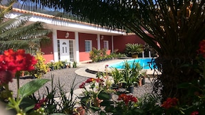 A red building with a swimming pool, surrounded by potted plants and flowers.