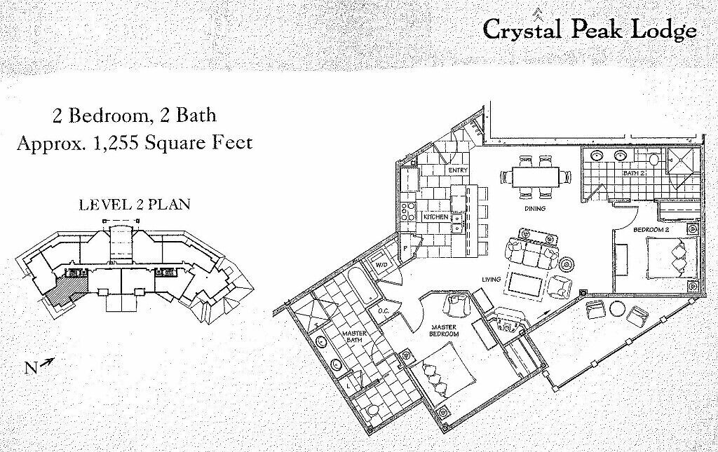 Un modèle d’appartement du Crystal Peak Lodge comprenant deux chambres et deux salles de bain, d’une superficie totale d’environ 116 mètres carrés.