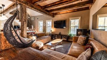 Smart TV, fireplace, DVD player, books