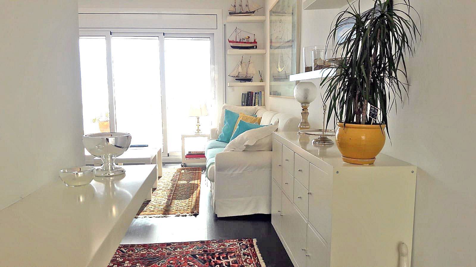 Una sala de estar bien iluminada con un sofá, una mesa de centro, una mesa de comedor y una planta grande.