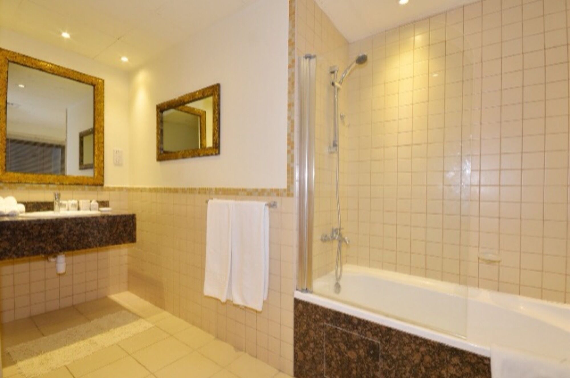Une salle de bain moderne avec un grand miroir, une baignoire et une douche.