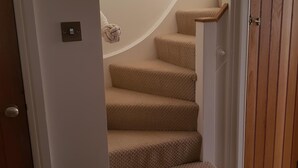 A staircase with beige carpeted steps leading to a landing with a wooden handrail.