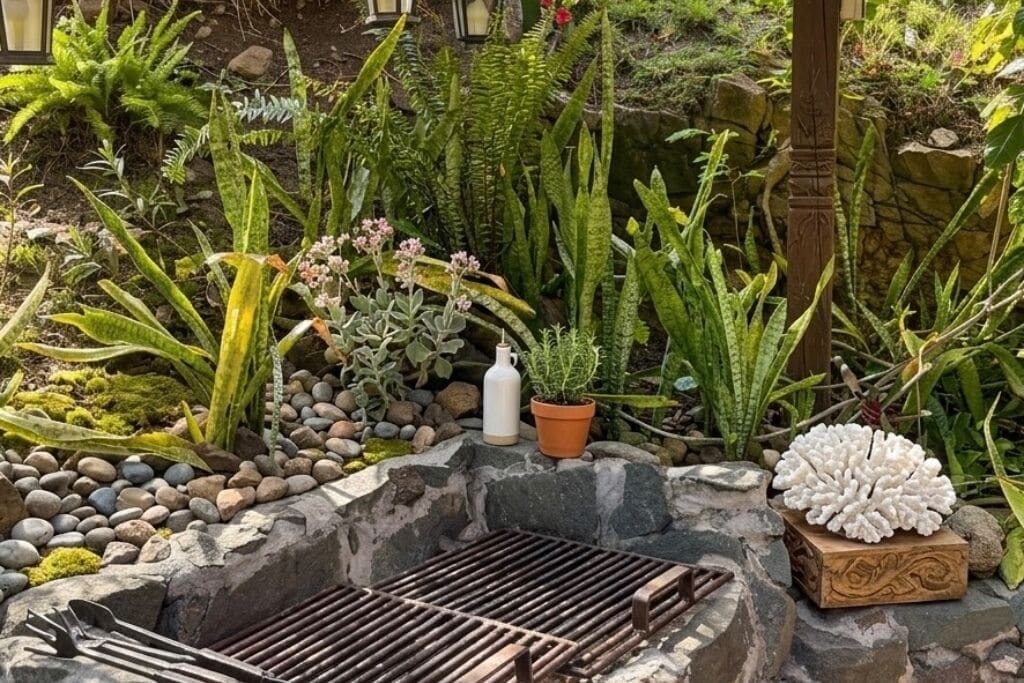 Un giardino con diverse piante, un barbecue e un oggetto decorativo bianco.