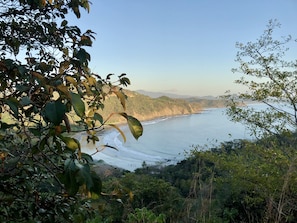 Un paisaje costero con una playa, abundante vegetación y colinas al fondo.