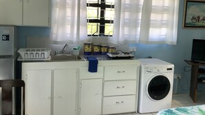 A compact kitchen with a washing machine, a sink, and a window with curtains. - Garden Delight Studio is conveniently located in Rodney Bay! (Rodney Bay)