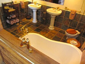 Combined shower/bathtub, jetted bath, hair dryer, towels