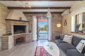 TV, fireplace, video library, stereo