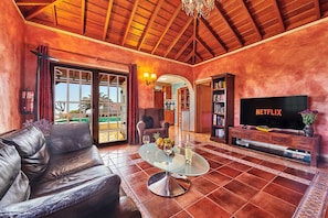 Smart TV, chimenea y libros
