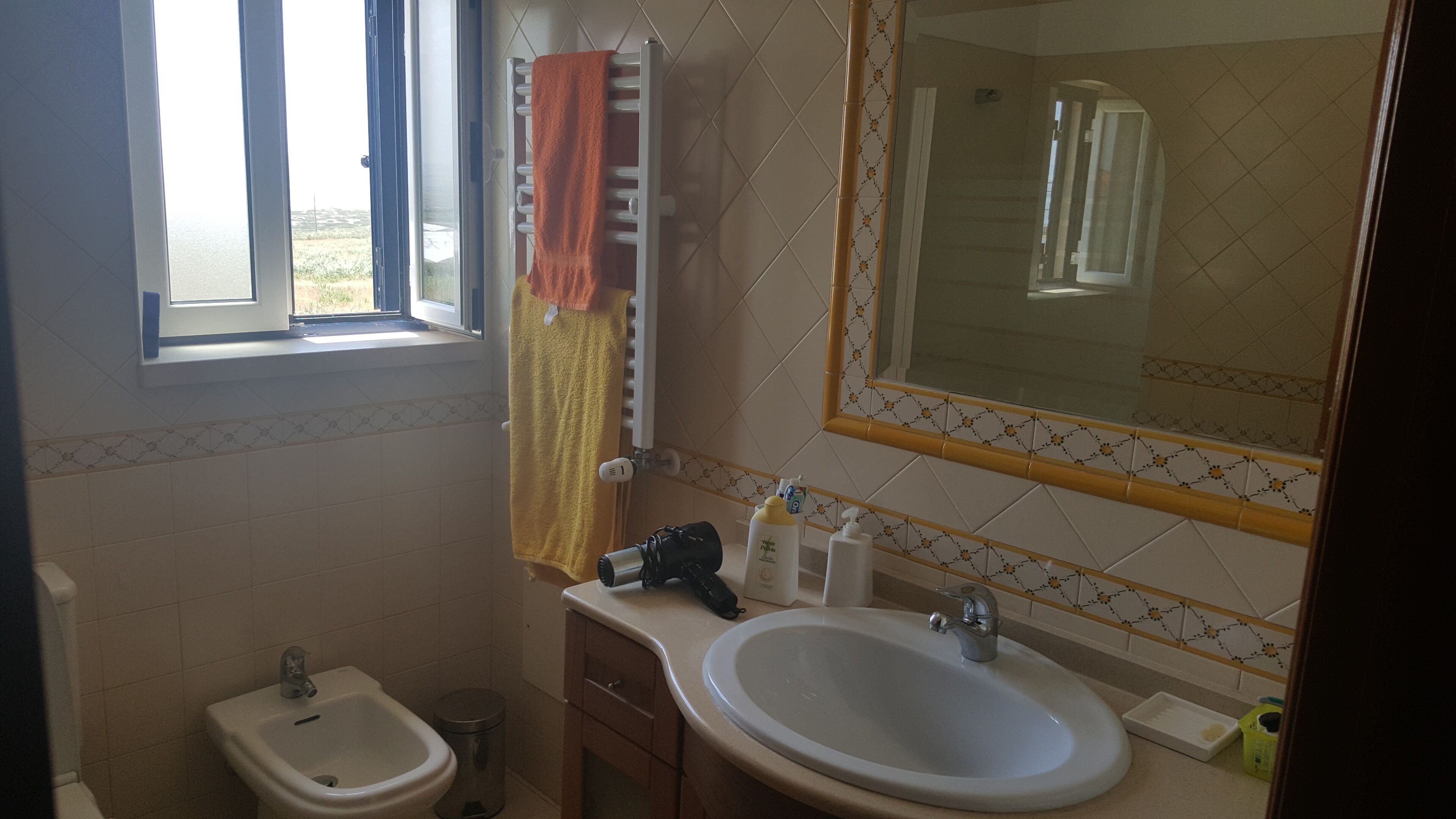 A bathroom with a bidet, sink, and mirror.