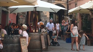 Ein lebhafter Markt im Freien mit Holzbarkäufen und weißen Sonnenschirmen, umgeben von historischen Gebäuden mit grünen Fensterläden.