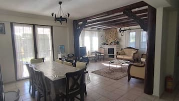 Télévision, cheminée, lecteur de DVD, livres