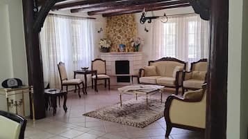 Télévision, cheminée, lecteur de DVD, livres