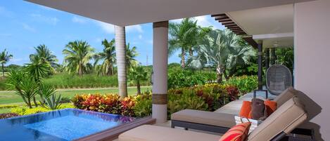 A heated pool, pool loungers