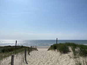 A sandy beach path leading to the ocean, bordered by grass and wooden posts. - Cozy bungalow in rural area near beautiful dunes, beach and sea. (Schoorldam)