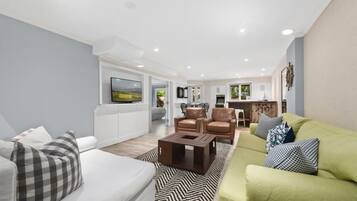 Smart TV, fireplace, video games, DVD player
