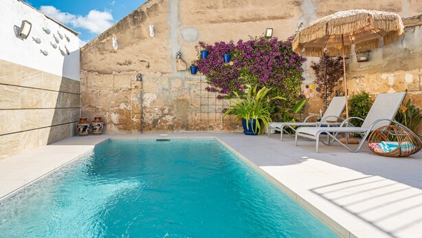 Ein Swimmingpool mit Steinmauer, Liegestühlen und Topfpflanzen.