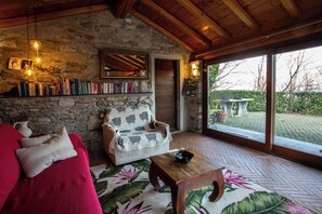 Smart-tv, eldstad, böcker och ett filmbibliotek