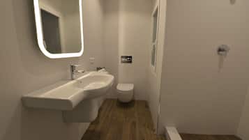 Een douche, een haardroger, handdoeken, zeep