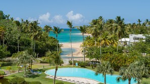 View of the lush gardens and communal pool