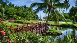 A tropical garden with a bridge, palm trees, and a pool. - 5 star BEACH VIEW DUPLEX W/ PRIVATE POOL, JACUZZI (Las Terrenas)