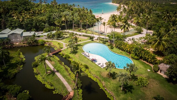 A large, irregularly shaped swimming pool surrounded by lush greenery and palm trees, with a view of a beach and ocean in the background. - 5 star BEACH VIEW DUPLEX W/ PRIVATE POOL, JACUZZI (Las Terrenas)