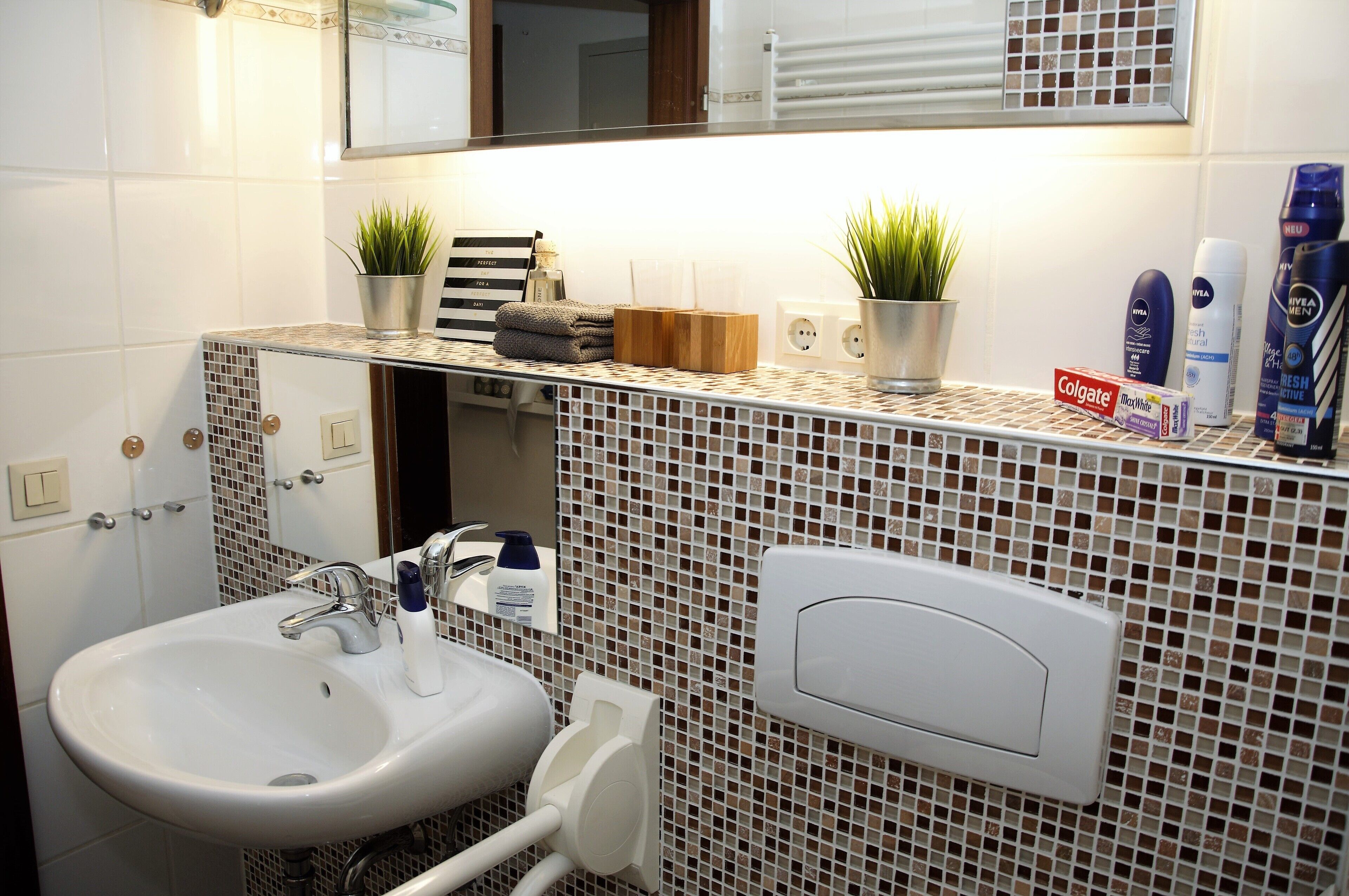 A bathroom with a white sink, a mirror, and a tiled backsplash. There are two potted plants, a toothbrush holder, and a box of Colgate toothpaste on the counter.