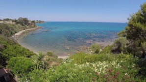 A coastal landscape with clear blue waters, rocky shoreline, and lush greenery.