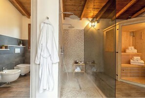 Combined shower/tub, jetted tub, hair dryer, bidet