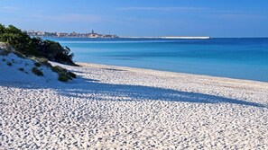 A wide sandy beach with a clear blue sea and a distant city skyline.