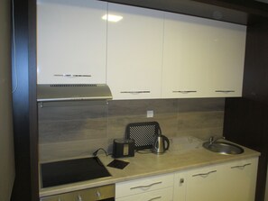 Fridge, oven, stovetop, coffee/tea maker