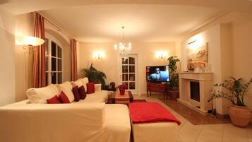 Fernseher, Kamin, DVD-Player, Bücher